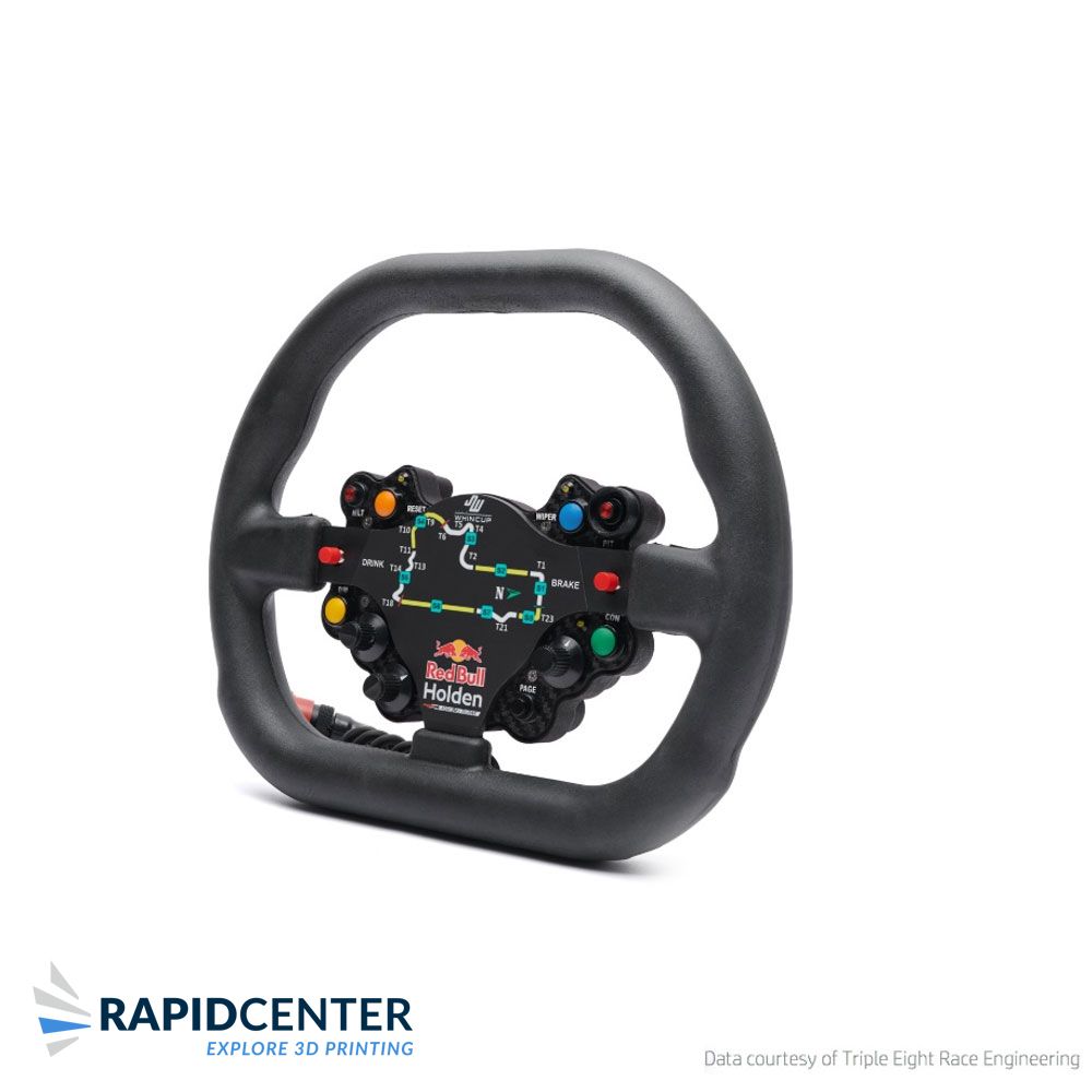 3D-geprinte racestuur behuizing voor het aanzienlijk reduceren van kosten en versnellen van de productontwikkeling. 80% kostenbesparing en 7x sneller productietijd met behulp van HP Multi Jet Fusion.